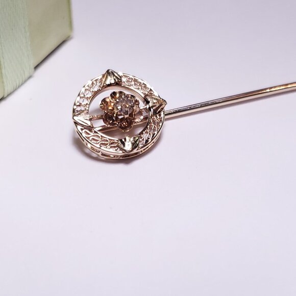 Antique .02ct Natural Diamond 14Kt Green Rose Yellow Gold Circle Stick Pin#23109 - Picture 2 of 5